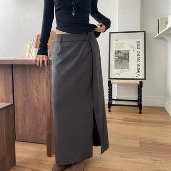 Belted Low Slit Long Skirt