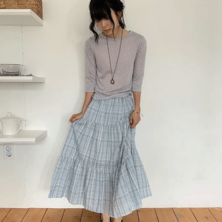 Mihi Seersucker Check Tiered Long Skirt