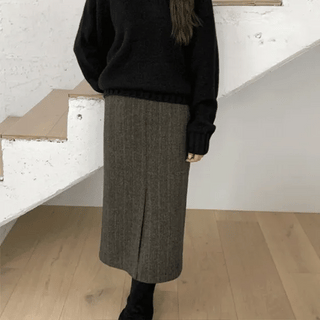 Newbury Wool Herringbone Front Slit Long Skirt