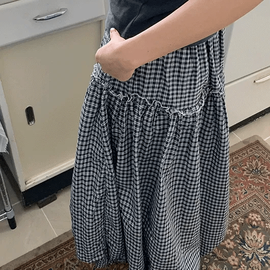 Lehiji Banding Check Balloon Long Skirt