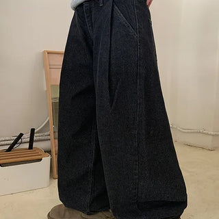 Soheni Pintuck Elastic Banding Black Wide Denim Pants