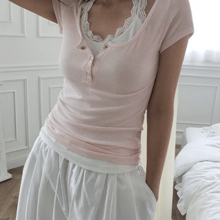 Yorua Button U-Neck Round Short Sleeve T-shirt
