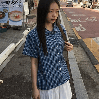 Crewn Linen Check Short Sleeve Shirt Blouse