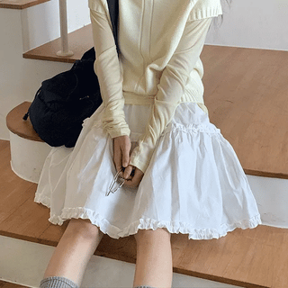 Porcelain Frill Tiered Elastic Midi Skirt