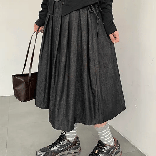 Dipan Ribbon Denim Pleated Midi Skirt