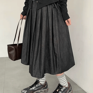 Dipan Ribbon Denim Pleated Midi Skirt