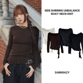 Side shirring asymmetrical boatneck knit