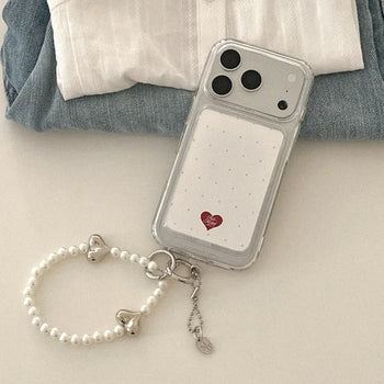 [Set] Heart Pin Dot MagSafe Gel Hard Phone Case + Card Wallet + Strap