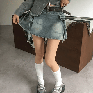 Ribbon Denim Mini Skirt