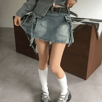 Ribbon Denim Mini Skirt