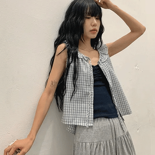 Vaso Check Frill Seersucker Boat Neck Blouse