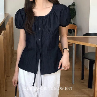 Jennie Pintuck Denim Short Sleeve Blouse