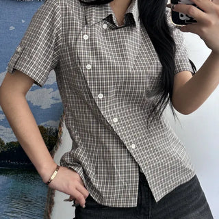 Blue Check Heart Button Short Sleeve Shirt / Vintage Y2K Button-up Shirt Summer Shirt Check Shirt Geek Chic Pinterest Look