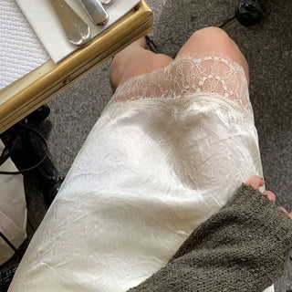 Veil lace satin midi skirt