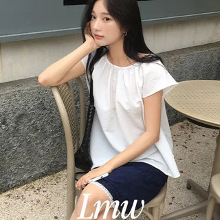 Seersucker Wings Shirred Short Sleeve Blouse