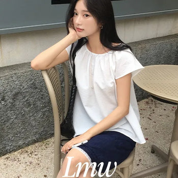 Seersucker Wings Shirred Short Sleeve Blouse
