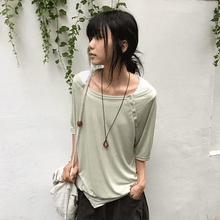 Shushuup Off-shoulder Tencel Layered Snap Short Sleeve Tee