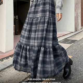 Leaden Check Tiered Long Skirt
