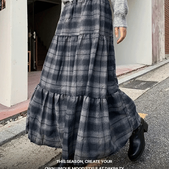 Leaden Check Tiered Long Skirt