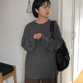 Puvin Peach Brushed Stripe Oversized Long Sleeve Tee