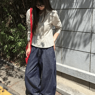Maroon side button wide denim pants