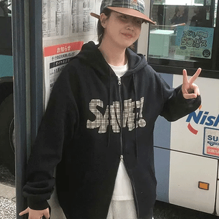 Laconi Check Lettering Fleece Zip-Up Hoodie