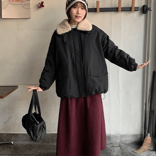 Hineta Wool Collar Drawstring Quilted Padded Jumper
