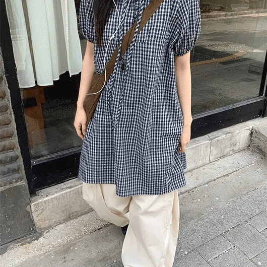 Zimo check button puff short sleeve dress