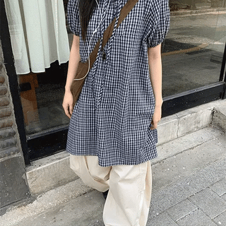 Zimo check button puff short sleeve dress