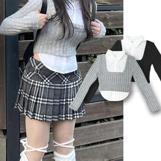 School look shirt and cardigan layered set