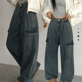 Pintuck Cargo Wide Denim Pants