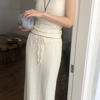 Tea Tree Summer Ribbed Halter Sleeveless Maxi Skirt Set