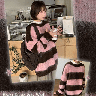Headette Stripe Contrast Wool Round Knit  - 50% Wool