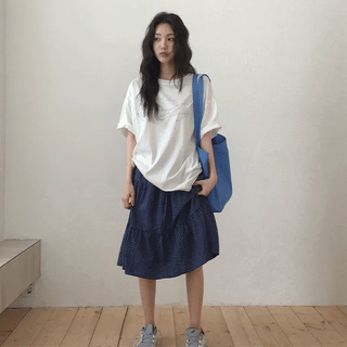Lafevin Check Elastic Waist Midi Skirt