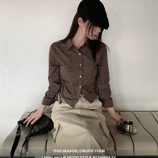 Tuese Check Shirred Half Blouse Shirt