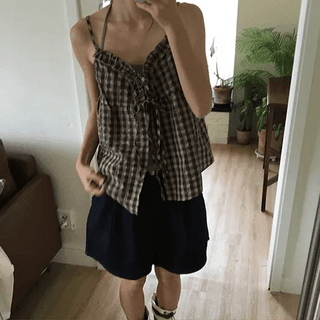 Oni Check Layered Halter Sleeveless Blouse Set