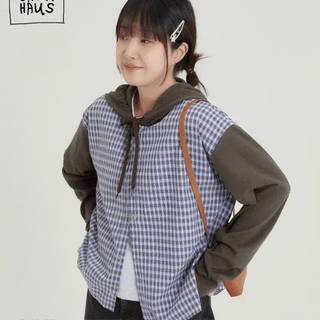 N-Team Check Color Block Ribbed Hooded Cardigan