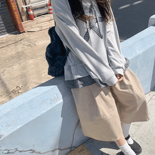 Nahin Check Patch Frill Hooded Long Sleeve Tee