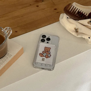 Teddy in denim MagSafe clear card wallet pocket case