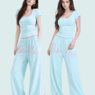 Smart pink lettering blue pants