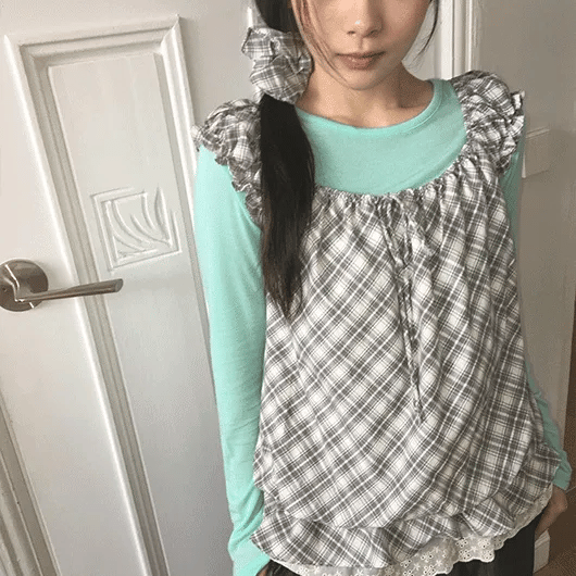 Vinca check shirred sleeveless bustier blouse