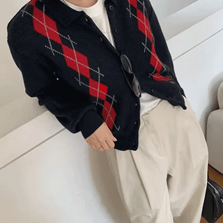 Flavor Cashmere Wool Argyle Collar Cardigan