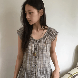 Use Check Puff Shirred Layered Dress