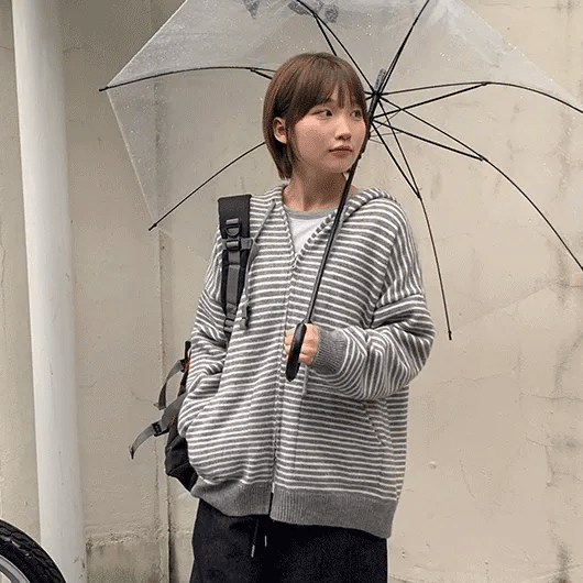 Feranki Stripe Over-Knit Zip-Up Hoodie