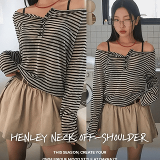 Oversized Henley Neck Off-Shoulder T-shirt