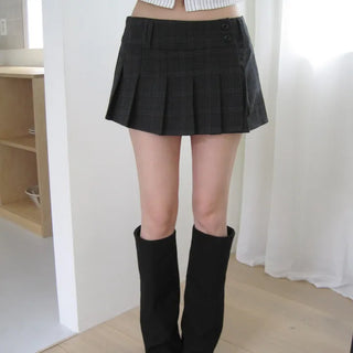 Two-button check pleated mini skirt