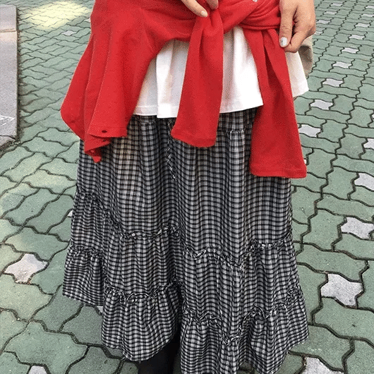 Cayu check shirred tiered elastic long skirt
