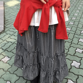 Cayu check shirred tiered elastic long skirt
