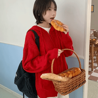 Hatomi Heart Punching Knit Zip-Up Hoodie