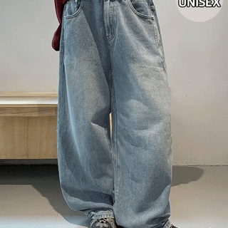 De Longin Dart Washed Denim Wide Pants
